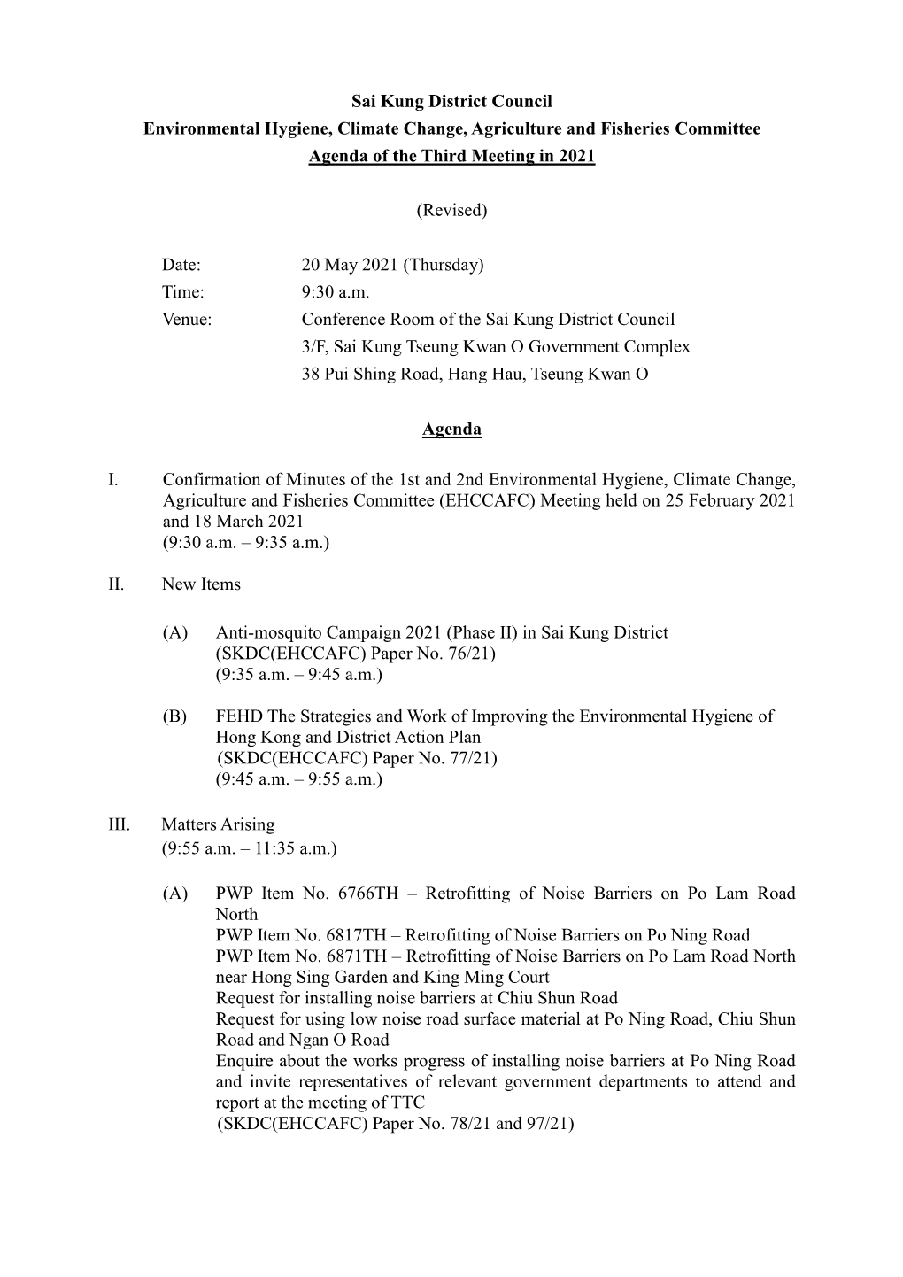 Sai Kung District Council Environmental Hygiene, Climate Change, Agriculture and Fisheries Committee Agenda of the Third Meeting in 2021