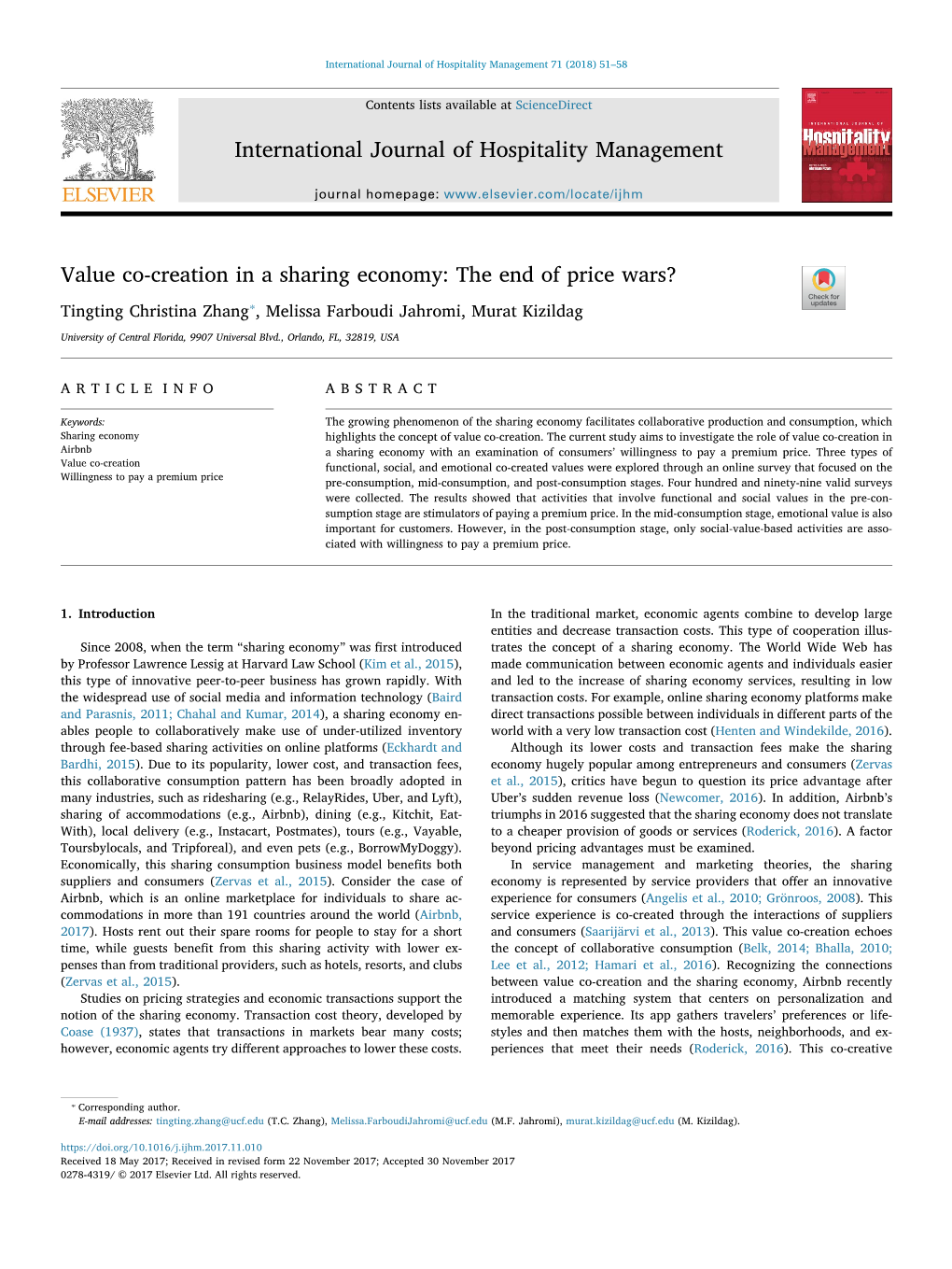 Value Co-Creation in a Sharing Economy: the End of Price Wars? T ⁎ Tingting Christina Zhang , Melissa Farboudi Jahromi, Murat Kizildag