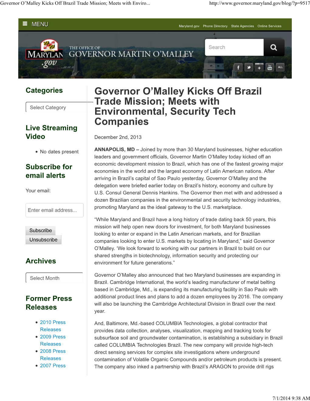 Governor O'malley Kicks Off Brazil Trade Mission