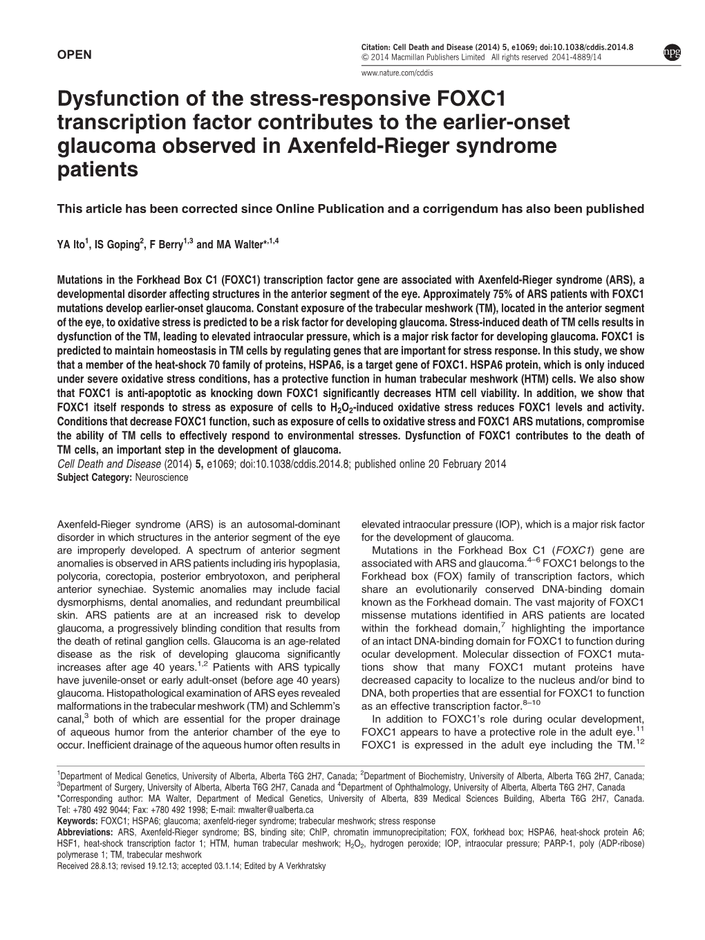 Dysfunction of the Stress-Responsive FOXC1 Transcription Factor Contributes to the Earlier-Onset Glaucoma Observed in Axenfeld-Rieger Syndrome Patients