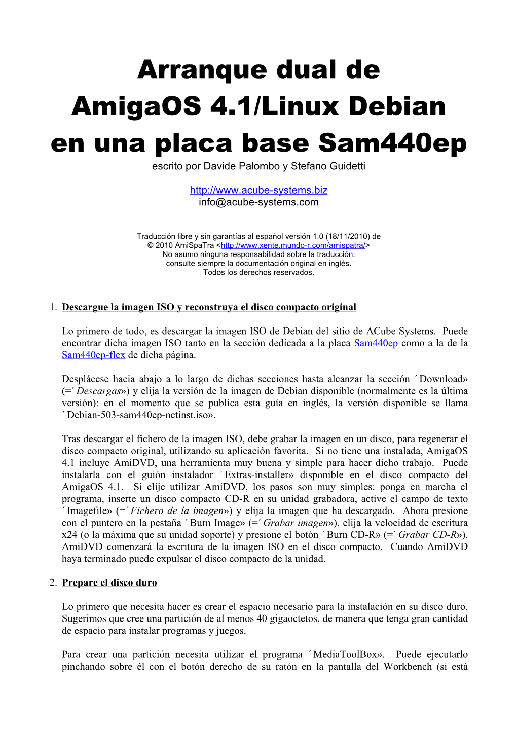 Arranque Dual De Amigaos 4.1/Linux Debian En Una Placa Base Sam440ep Escrito Por Davide Palombo Y Stefano Guidetti