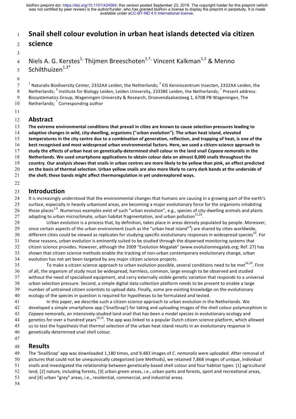 Snail Shell Colour Evolution in Urban Heat Islands Detected Via Citizen 2 Science 3 1, 1,†, 1,2 4 Niels A