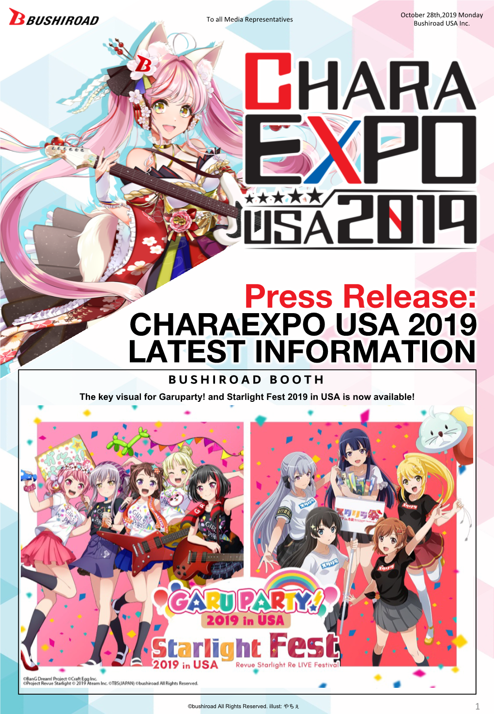 Press Release: CHARAEXPO USA 2019 LATEST INFORMATION BUSHIROAD BOOTH the Key Visual for Garuparty! and Starlight Fest 2019 in USA Is Now Available!