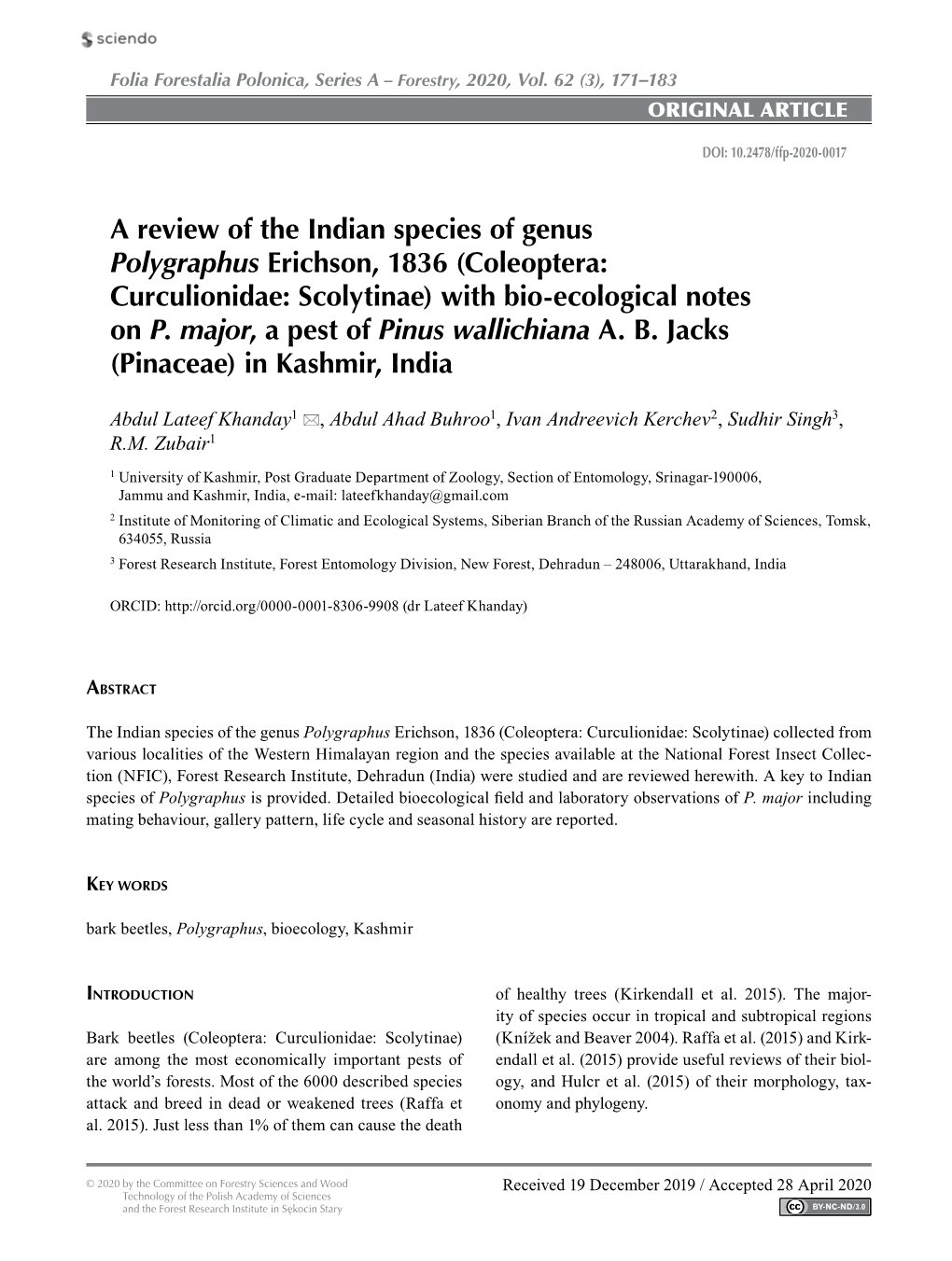 A Review of the Indian Species of Genus Polygraphus Erichson, 1836 (Coleoptera: Curculionidae: Scolytinae) with Bio-Ecological Notes on P