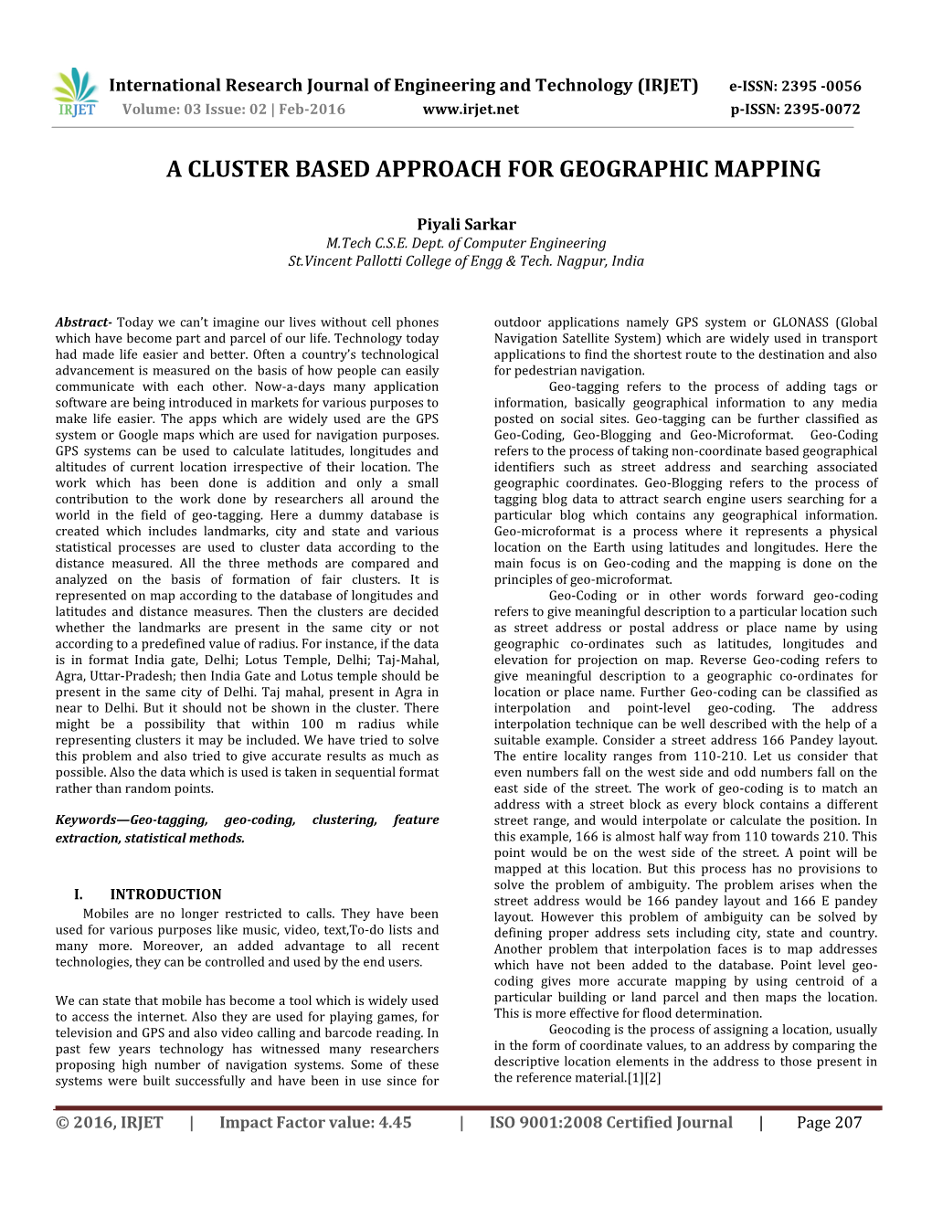 A Cluster Based Approach for Geographic Mapping