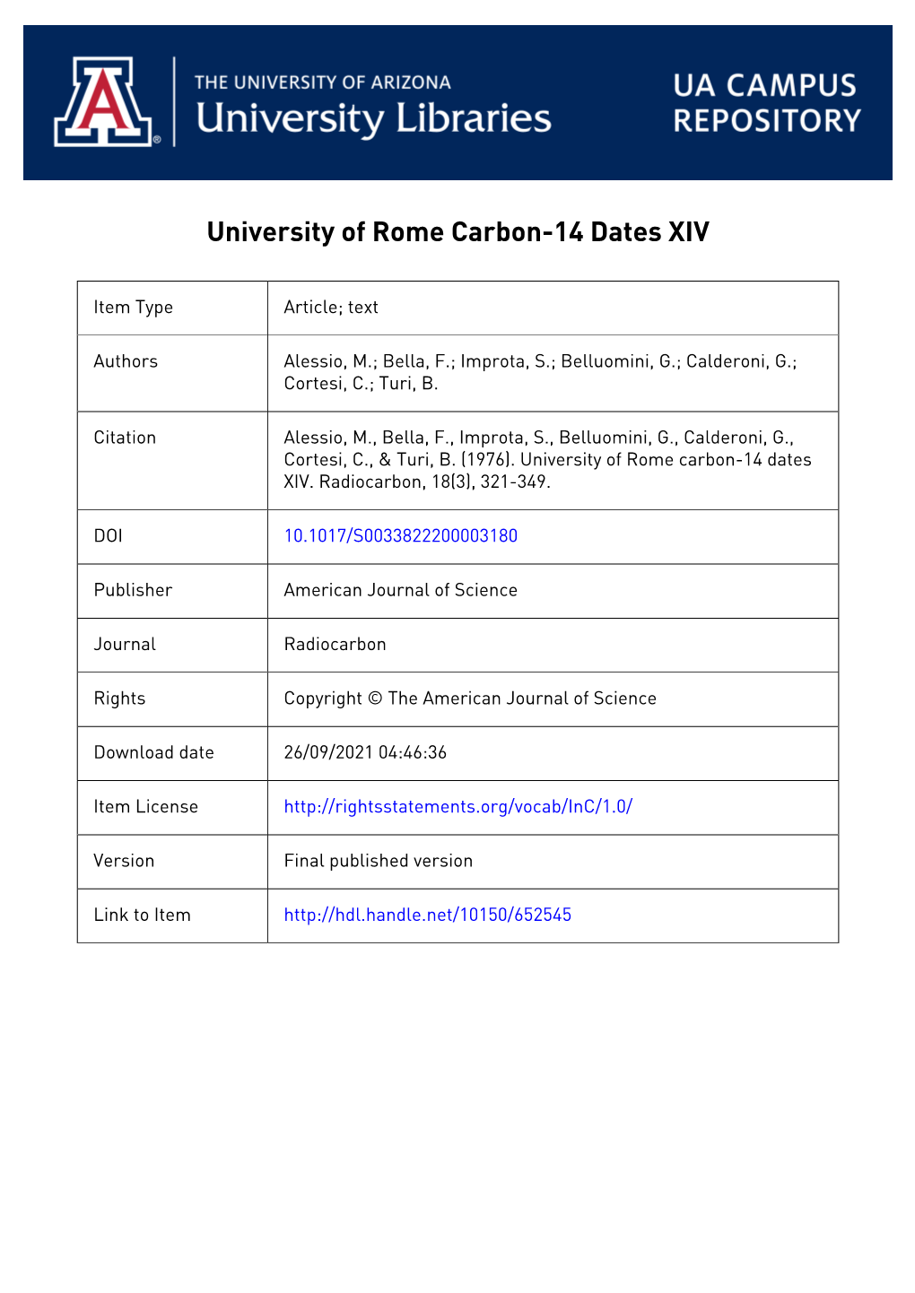 University of Rome Carbon-14 Dates Xiv G Belluomini, G