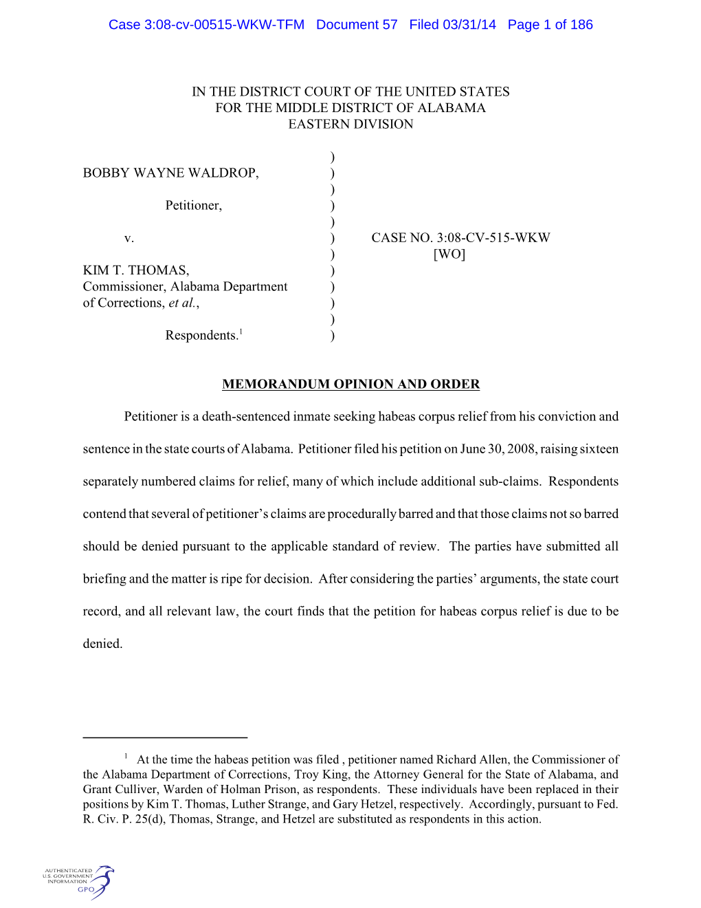 Case 3:08-Cv-00515-WKW-TFM Document 57 Filed 03/31/14 Page 1 of 186