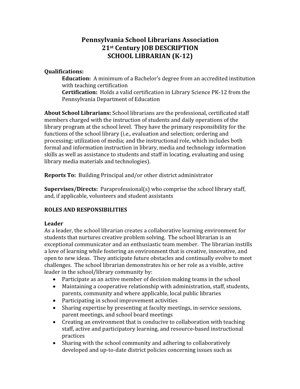 21St Century JOB DESCRIPTION SCHOOL LIBRARIAN (K-12)