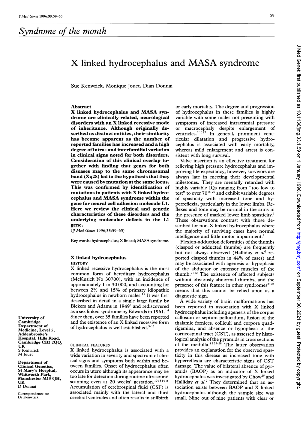 Syndrome of the Month X Linked Hydrocephalus and MASA Syndrome