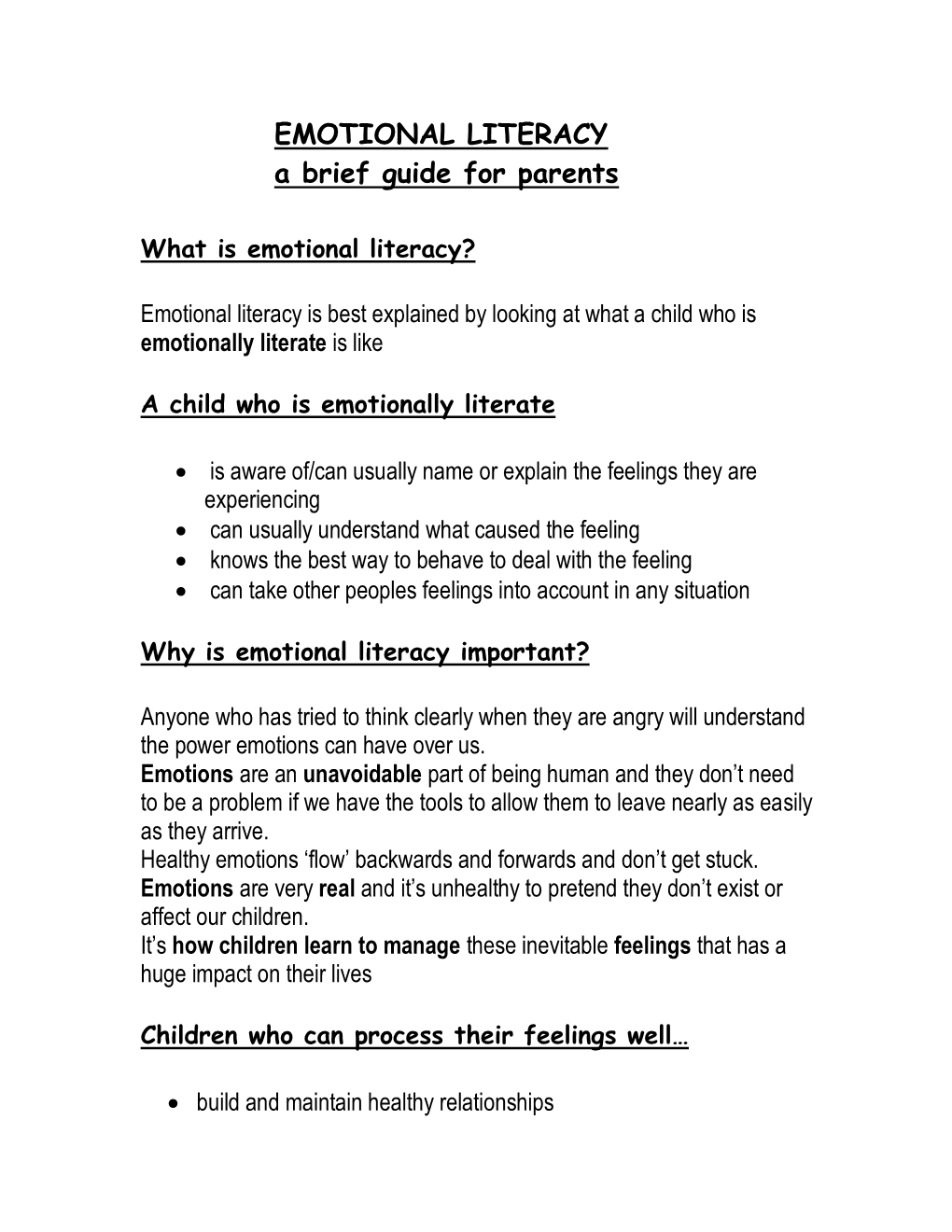 Emotional Literacy – a Brief Guide for Parents