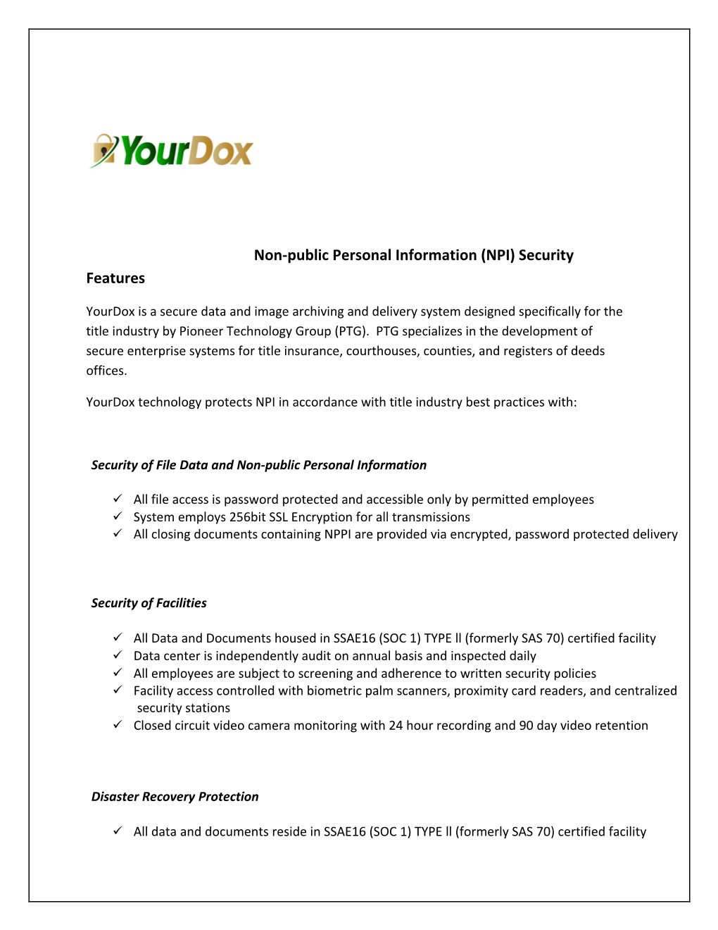 Non-Public Personal Information (NPI) Security Features