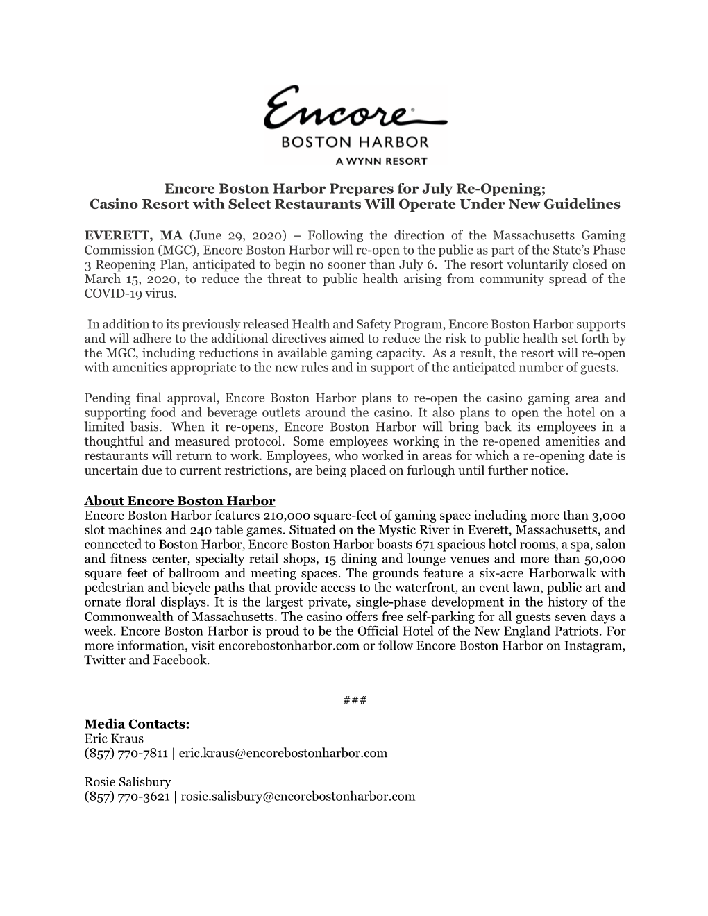 Encore Boston Harbor Prepares for July Re-Opening; Casino Resort with Select Restaurants Will Operate Under New Guidelines