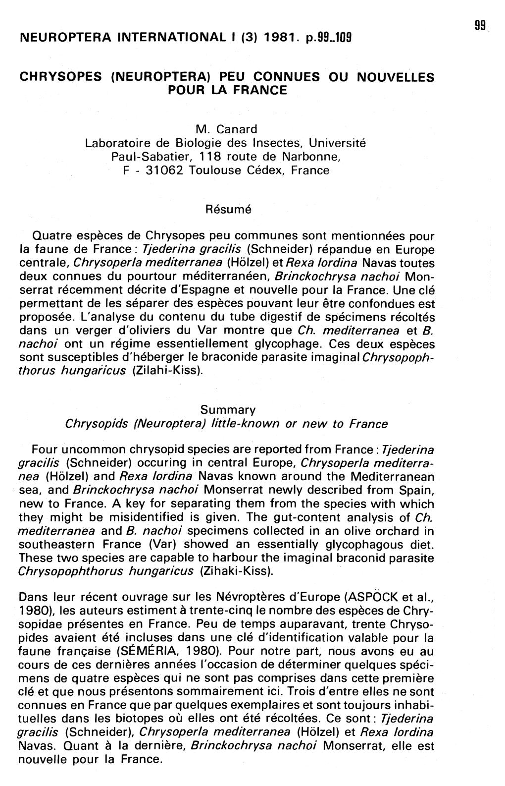 NEUROPTERA INTERNATIONAL 1 (3) 1981. P.99..109 CHRYSOPES