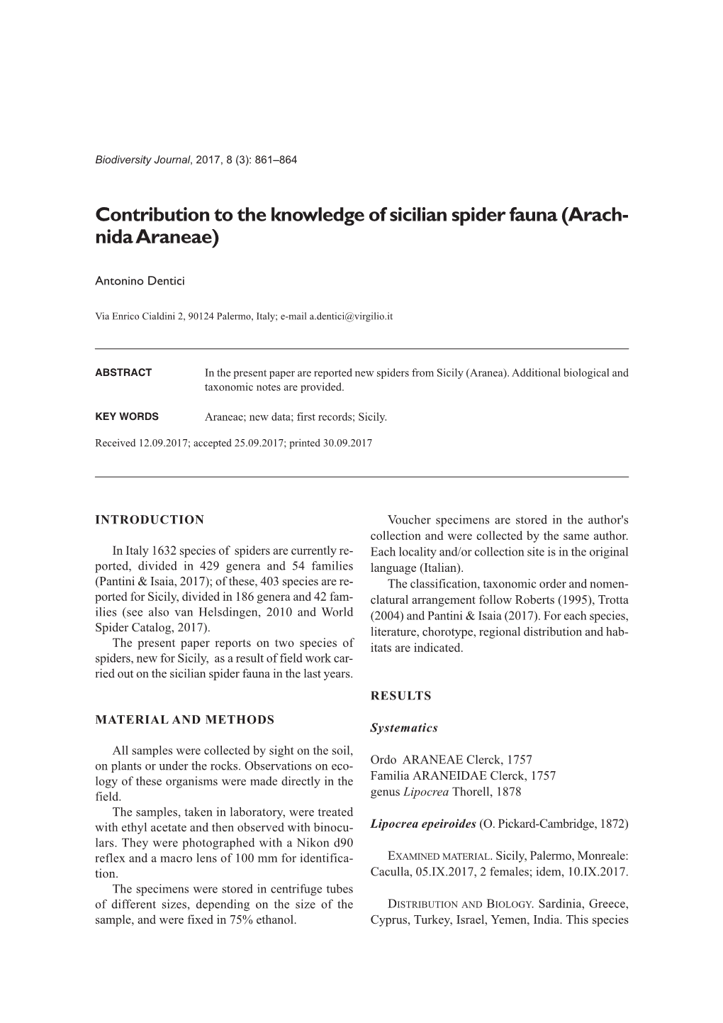 Contribution to the Knowledge of Sicilian Spider Fauna (Arach- Nida Araneae)