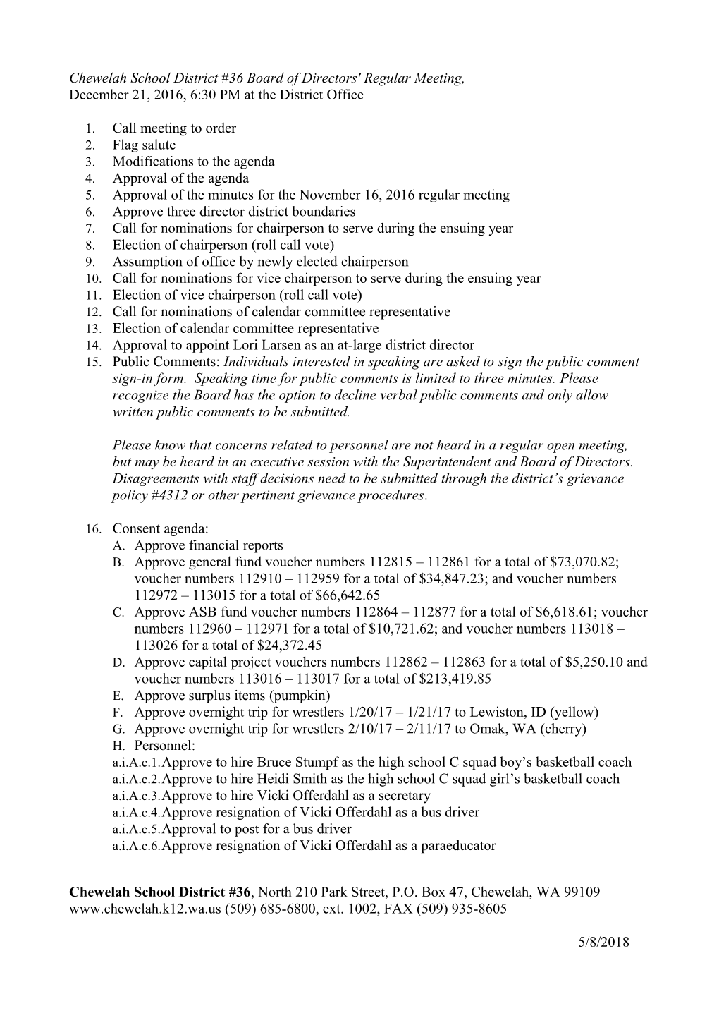 Chewelah School District #36 Board of Directors' Regular Meeting