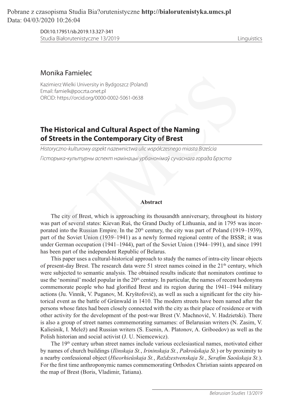 Monika Famielec the Historical and Cultural Aspect of the Naming Of