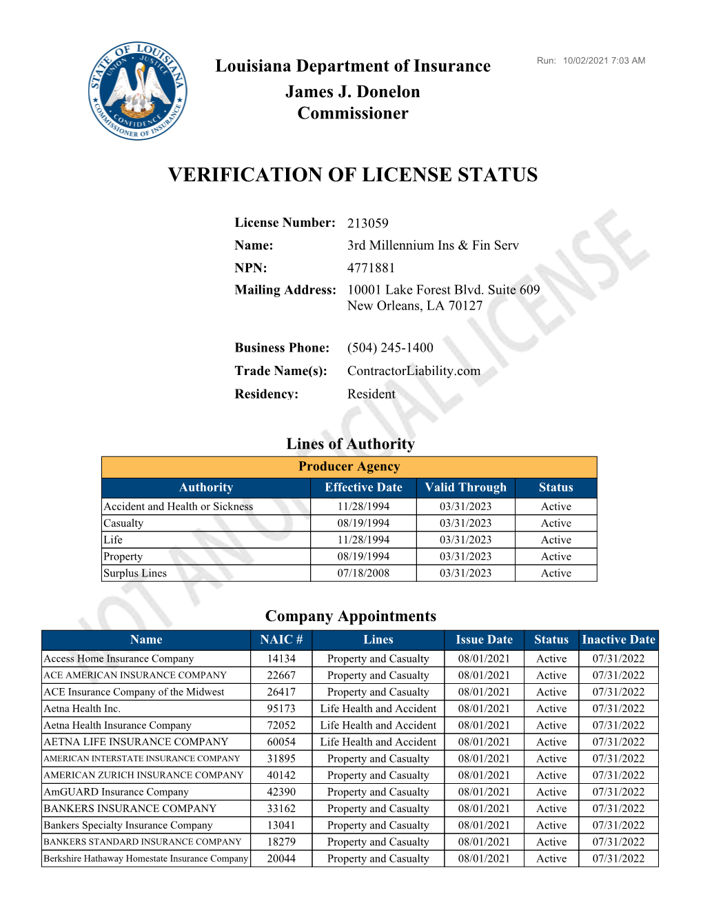 Verification of License Status