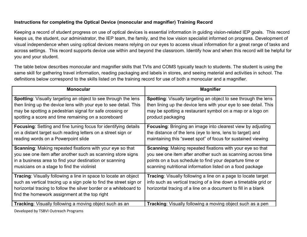 Instructions for Completing the Optical Device (Monocular and Magnifier) Training Record