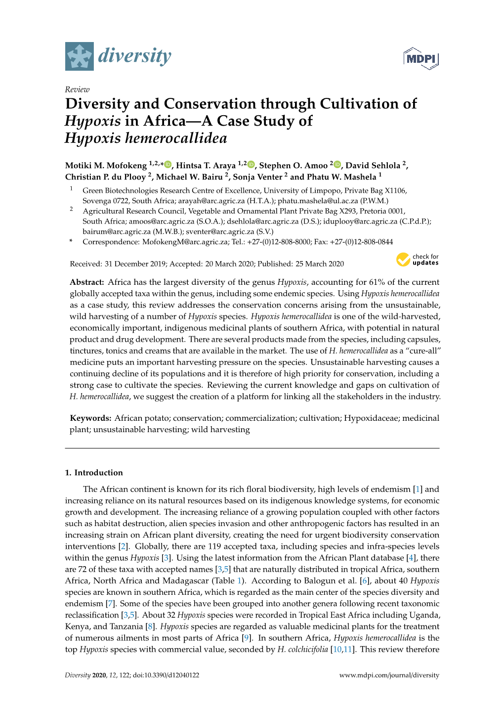 Diversity and Conservation Through Cultivation of Hypoxis in Africa—A Case Study of Hypoxis Hemerocallidea