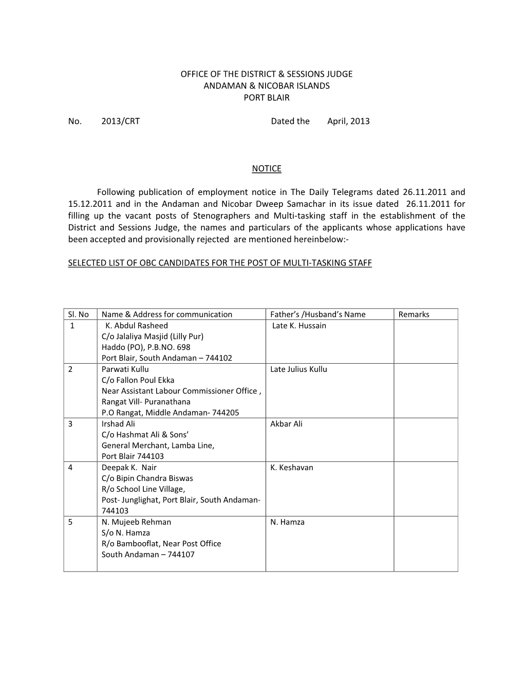 OFFICE of the DISTRICT & SESSIONS JUDGE ANDAMAN & NICOBAR ISLANDS PORT BLAIR No. 2013/CRT Dated the April, 2013