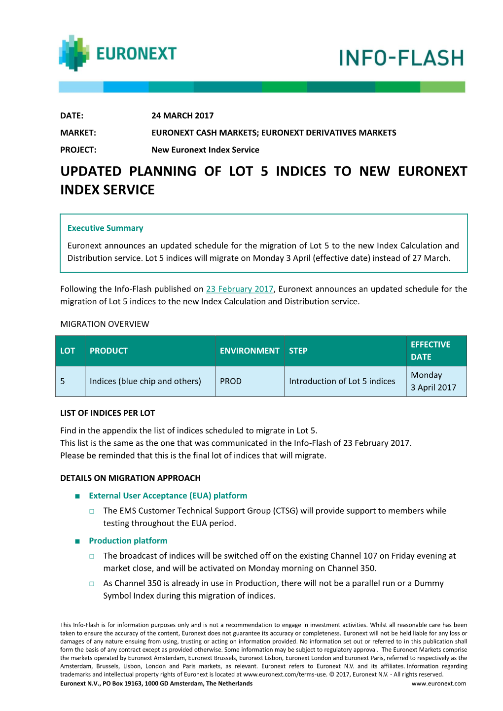 Updated Planning of Lot 5 Indices to New Euronext Index Service