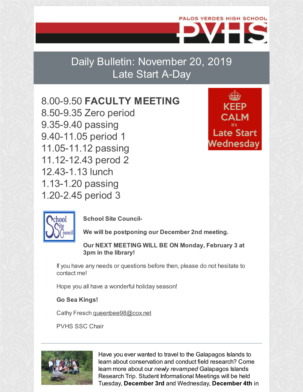 Daily Bulletin: November 20, 2019 Late Start A-Day