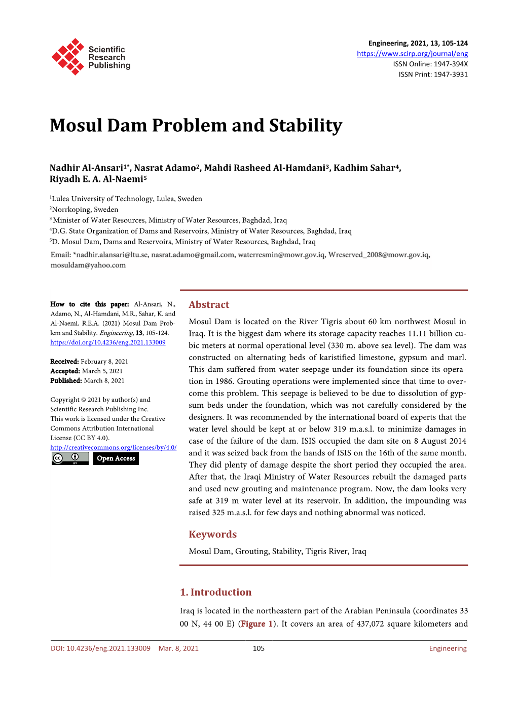 Mosul Dam Problem and Stability