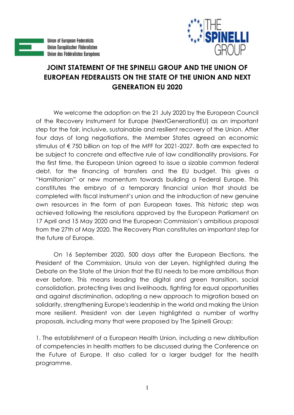 Joint Statement of the Spinelli Group and the Union of European Federalists on the State of the Union and Next Generation Eu 2020