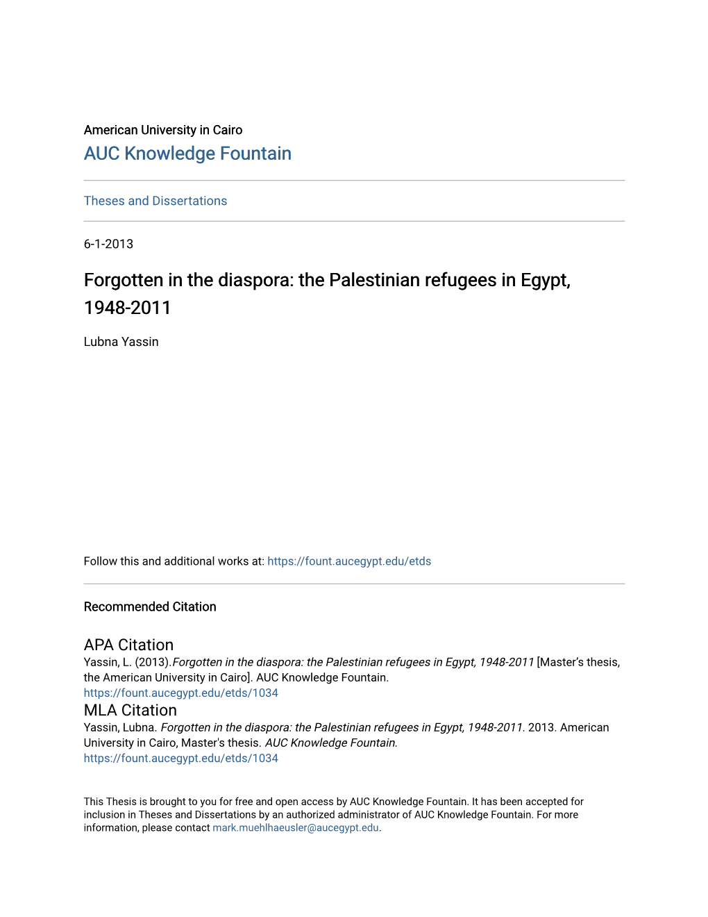 The Palestinian Refugees in Egypt, 1948-2011