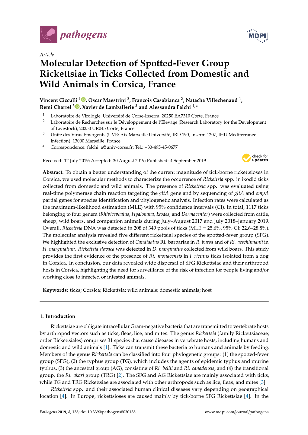 Molecular Detection of Spotted-Fever Group Rickettsiae in Ticks Collected from Domestic and Wild Animals in Corsica, France