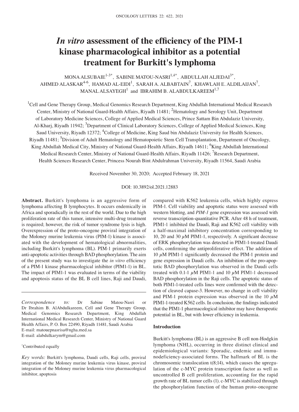 In Vitro Assessment of the Efficiency of the PIM‑1 Kinase Pharmacological Inhibitor As a Potential Treatment for Burkitt's Lymphoma