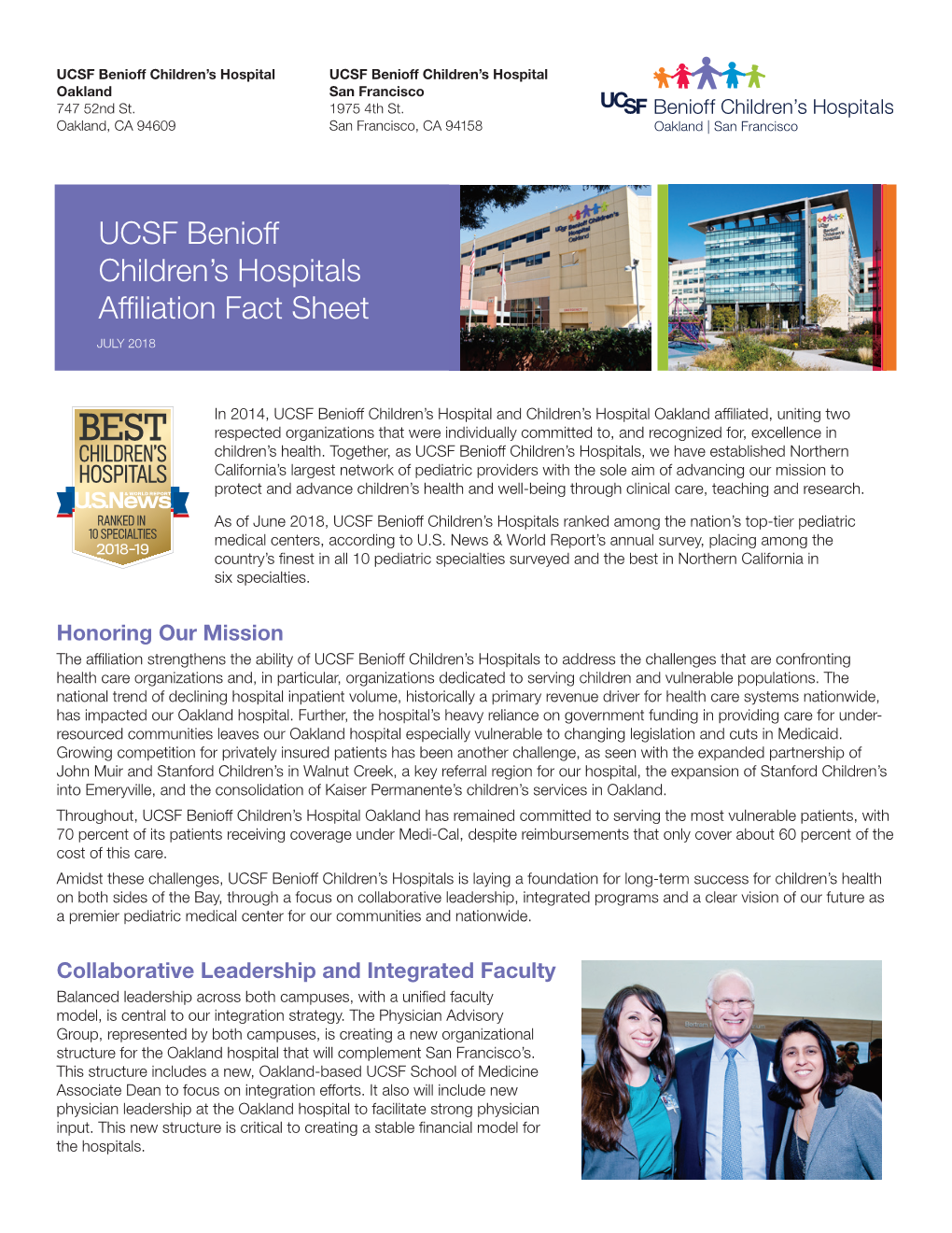 UCSF Benioff Children's Hospitals Affiliation Fact Sheet