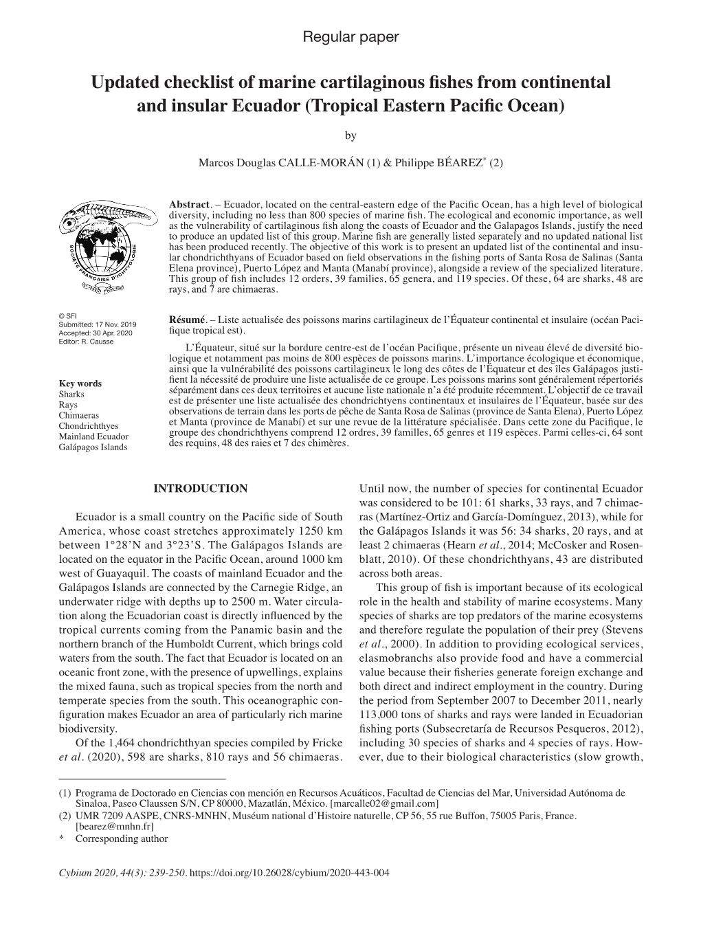 Updated Checklist of Marine Cartilaginous Fishes from Continentaland Insular Ecuador (Tropical Eastern Pacific Ocean)