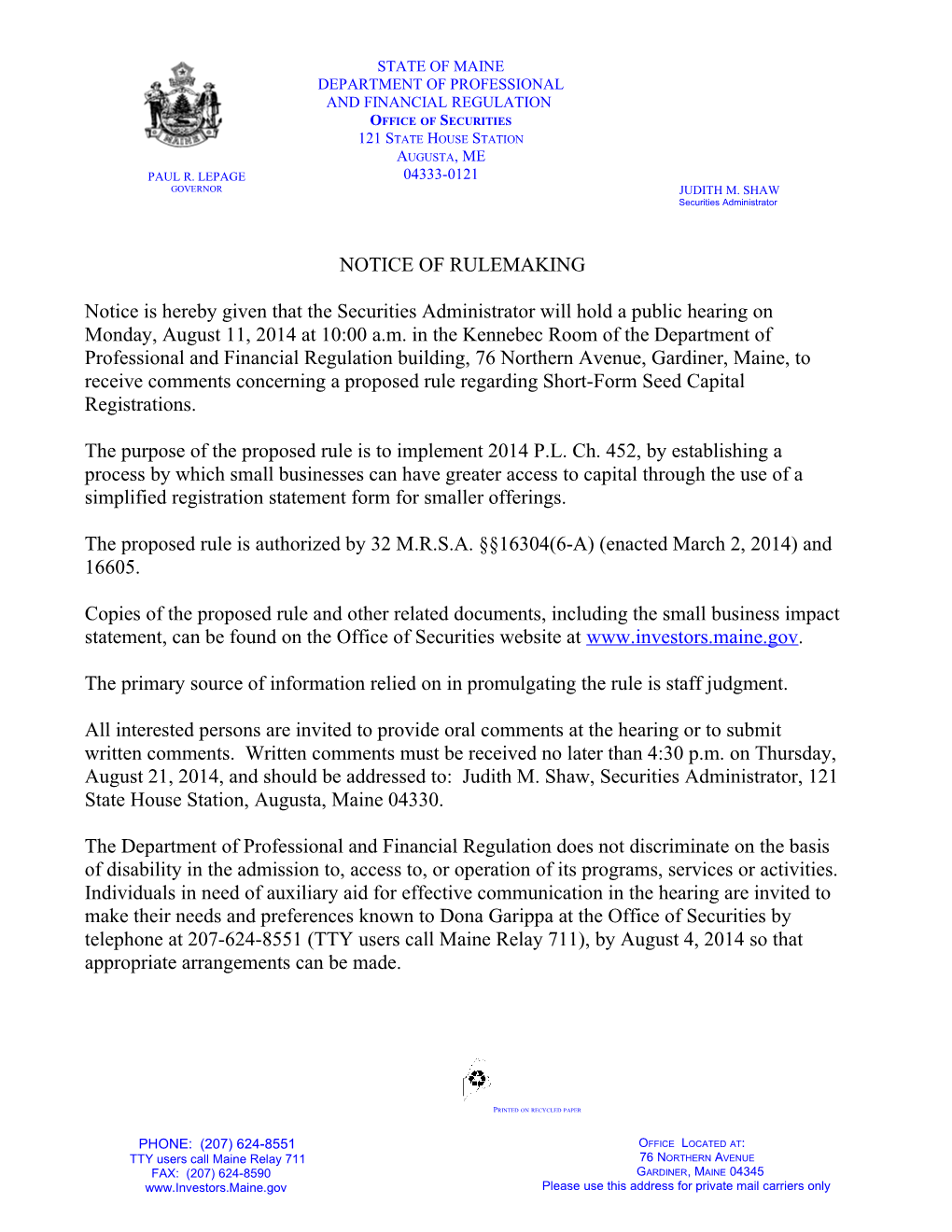 Notice of Rulemaking