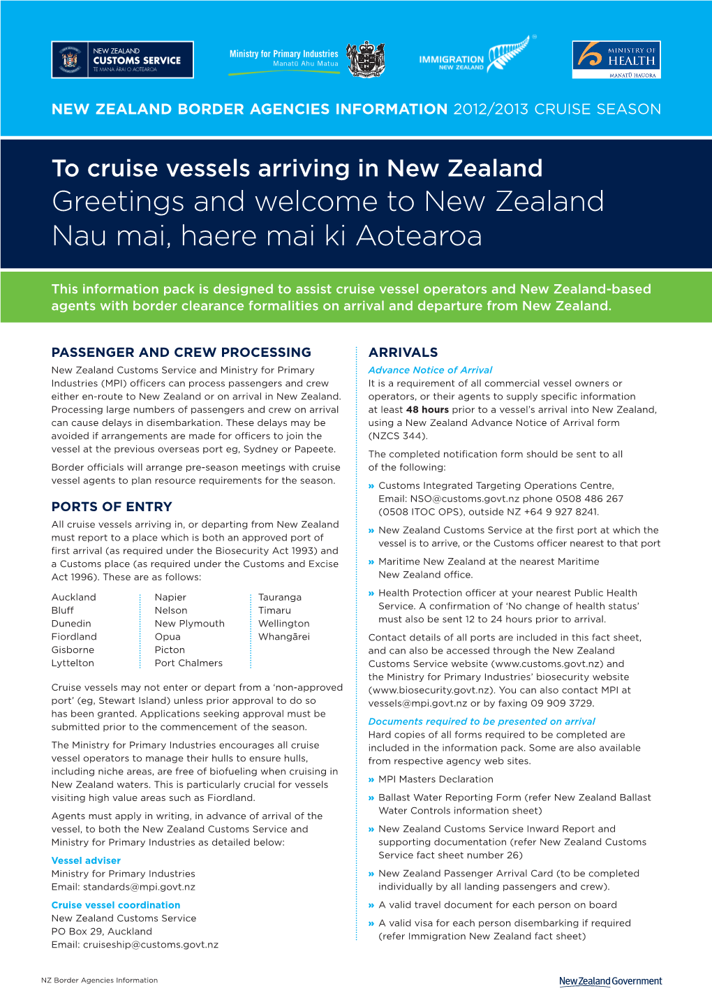 New Zealand Border Agencies Information – Cruise Vessels