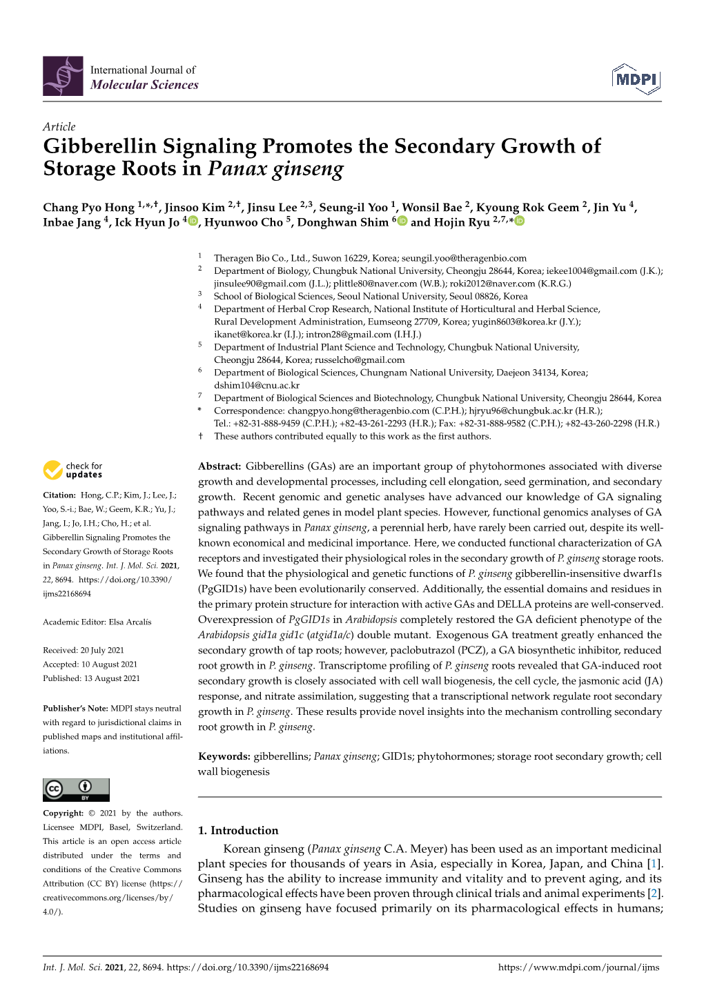 Gibberellin Signaling Promotes the Secondary Growth of Storage Roots in Panax Ginseng