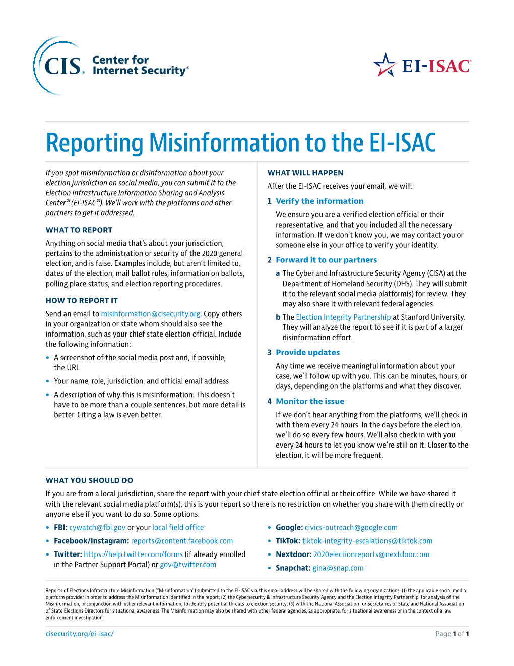 Reporting Misinformation to the EI-ISAC