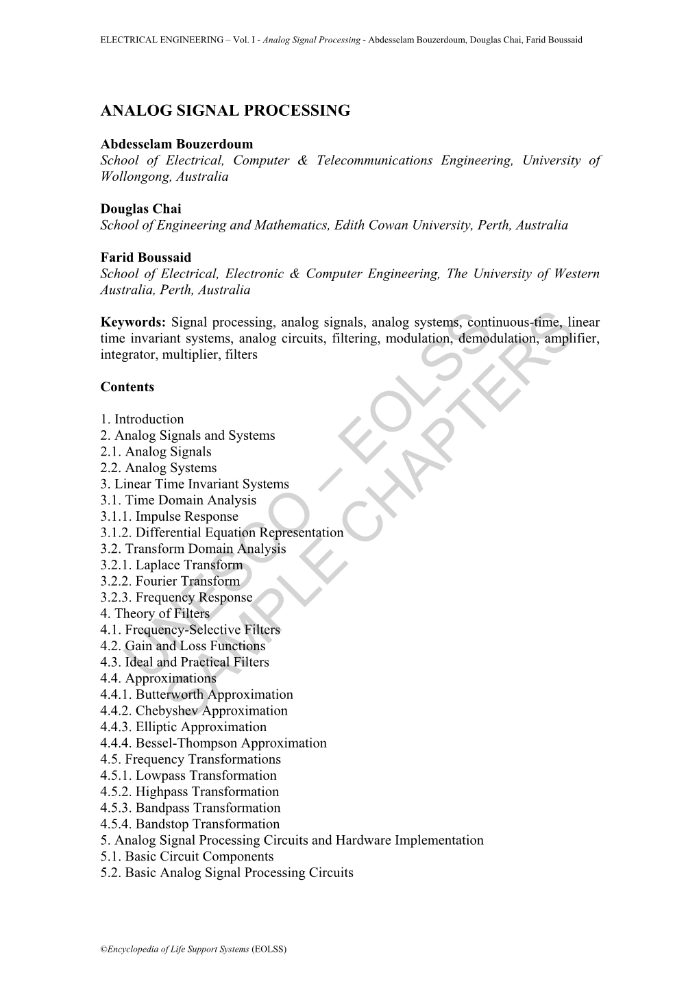 Analog Signal Processing - Abdesselam Bouzerdoum, Douglas Chai, Farid Boussaid
