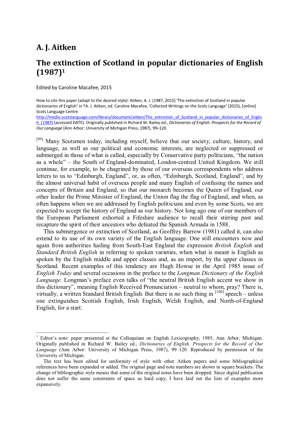 AJ Aitken the Extinction of Scotland in Popular Dictionaries of English