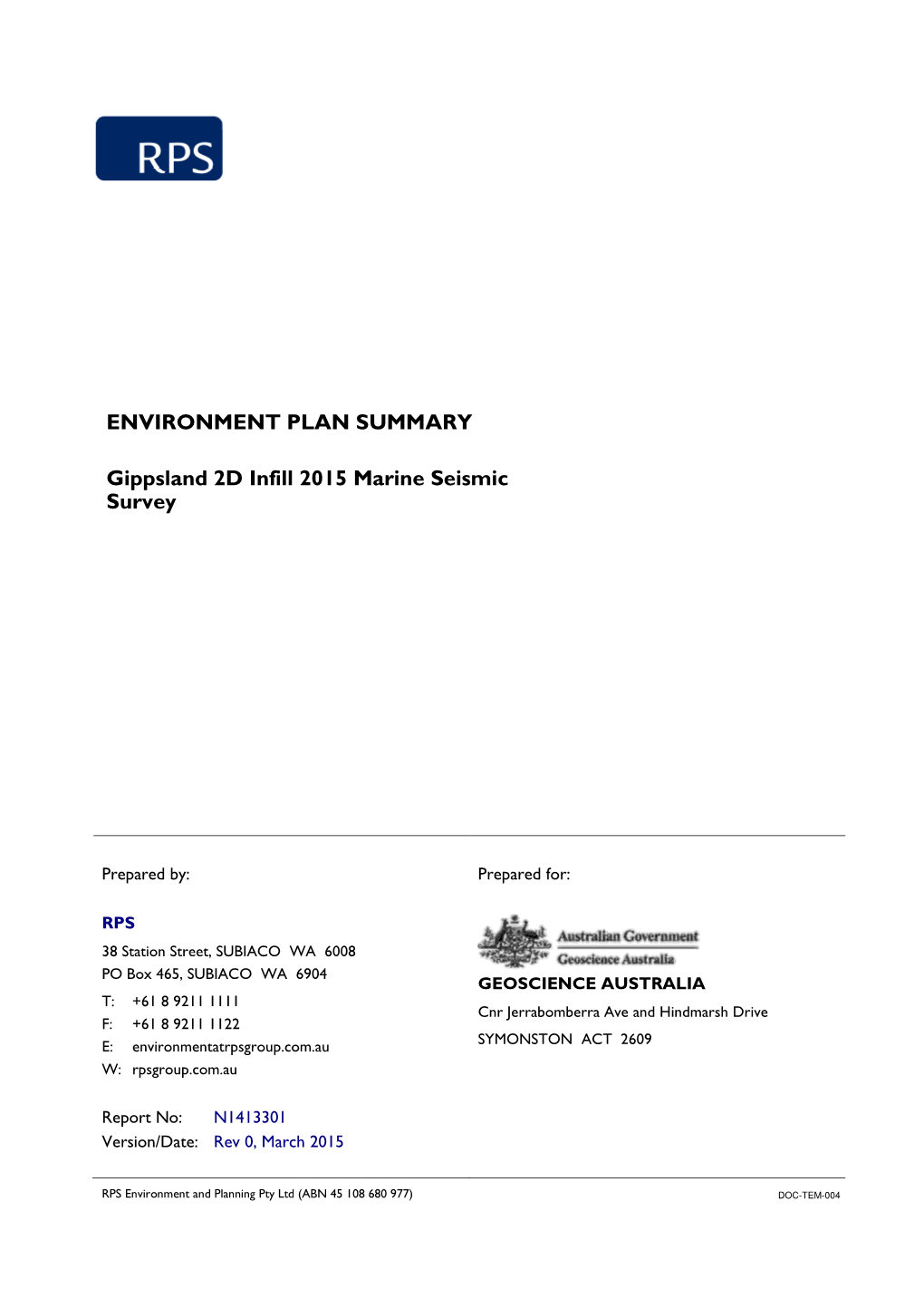 Environment Plan Summary Gippsland 2D Infill 2015 Marine Seismic Survey