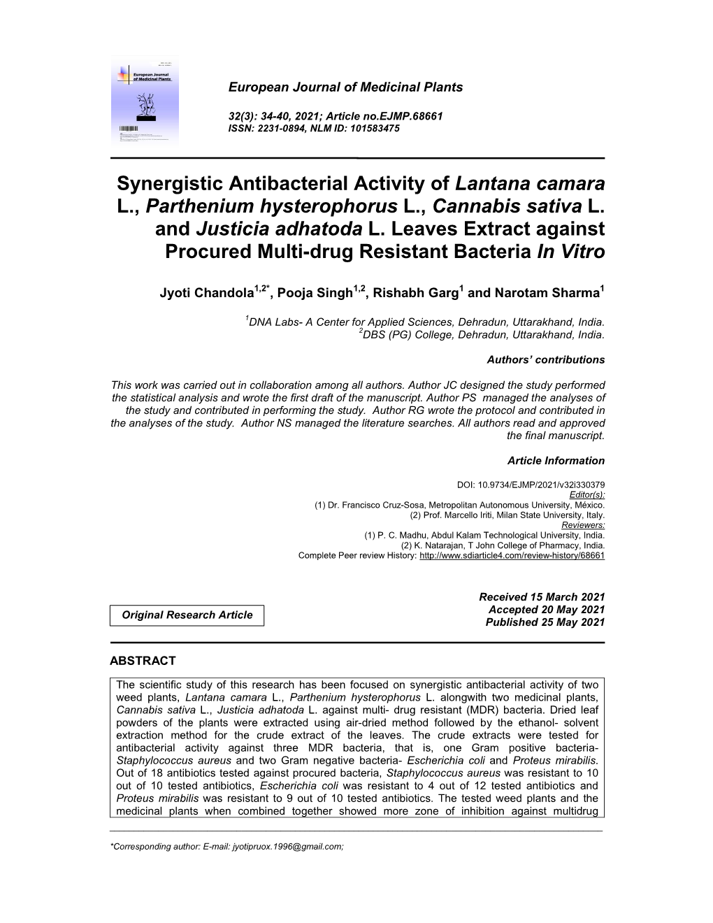 Synergistic Antibacterial Activity of Lantana Camara L., Parthenium Hysterophorus L., Cannabis Sativa L
