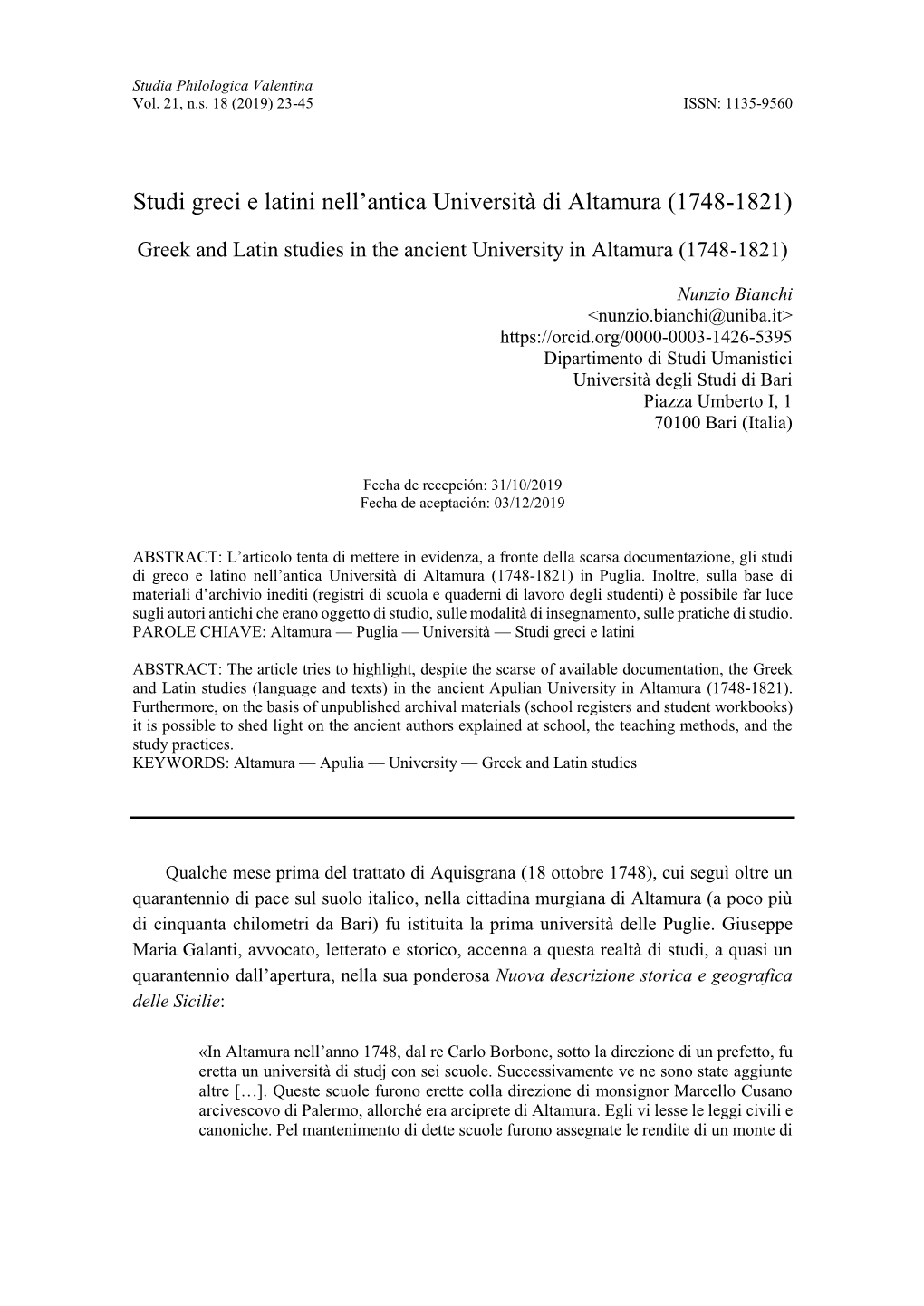 Studi Greci E Latini Nell'antica Università Di Altamura (1748-1821)