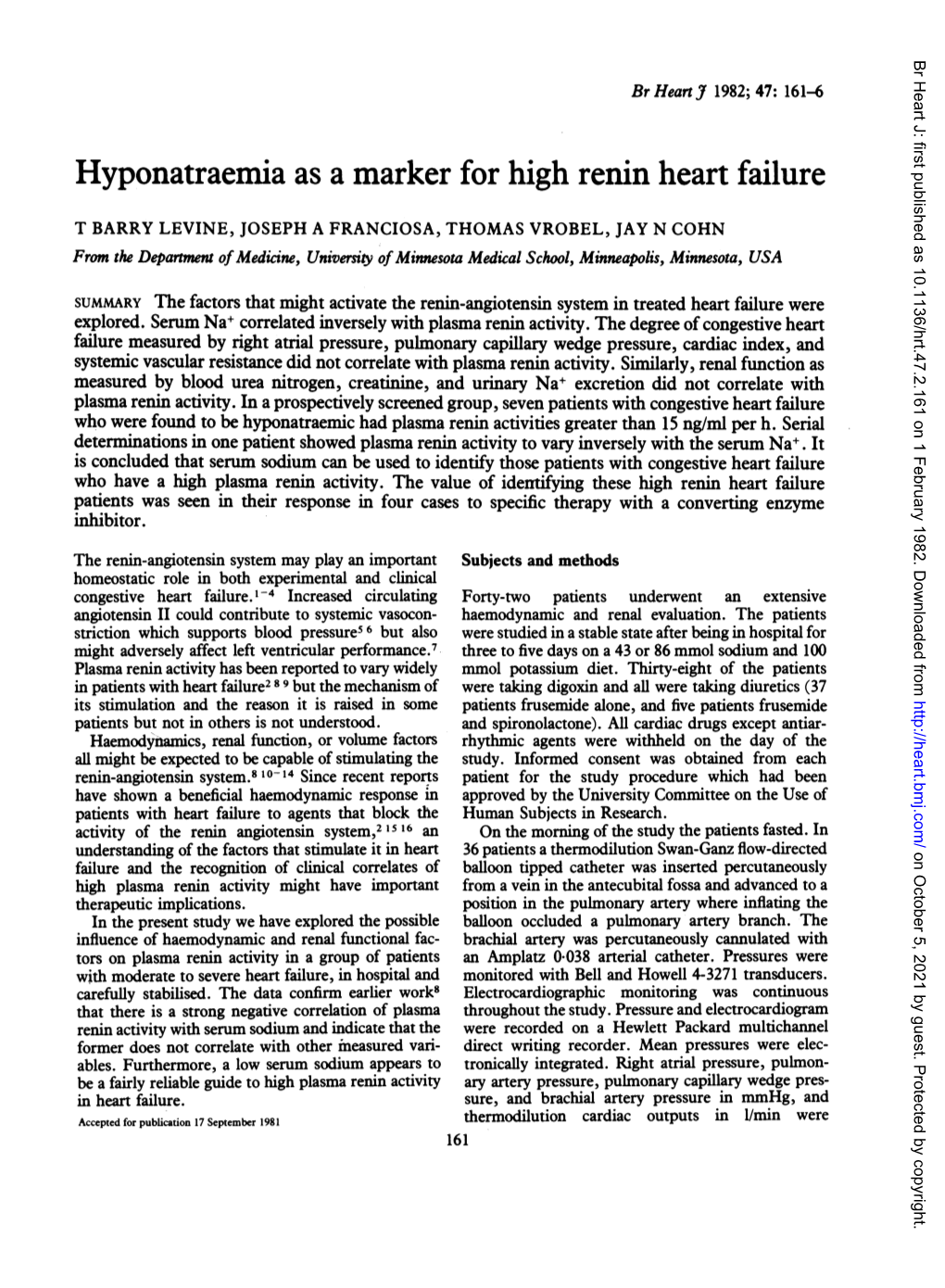 Hyponatraemia As a Marker for High Renin Heart Failure