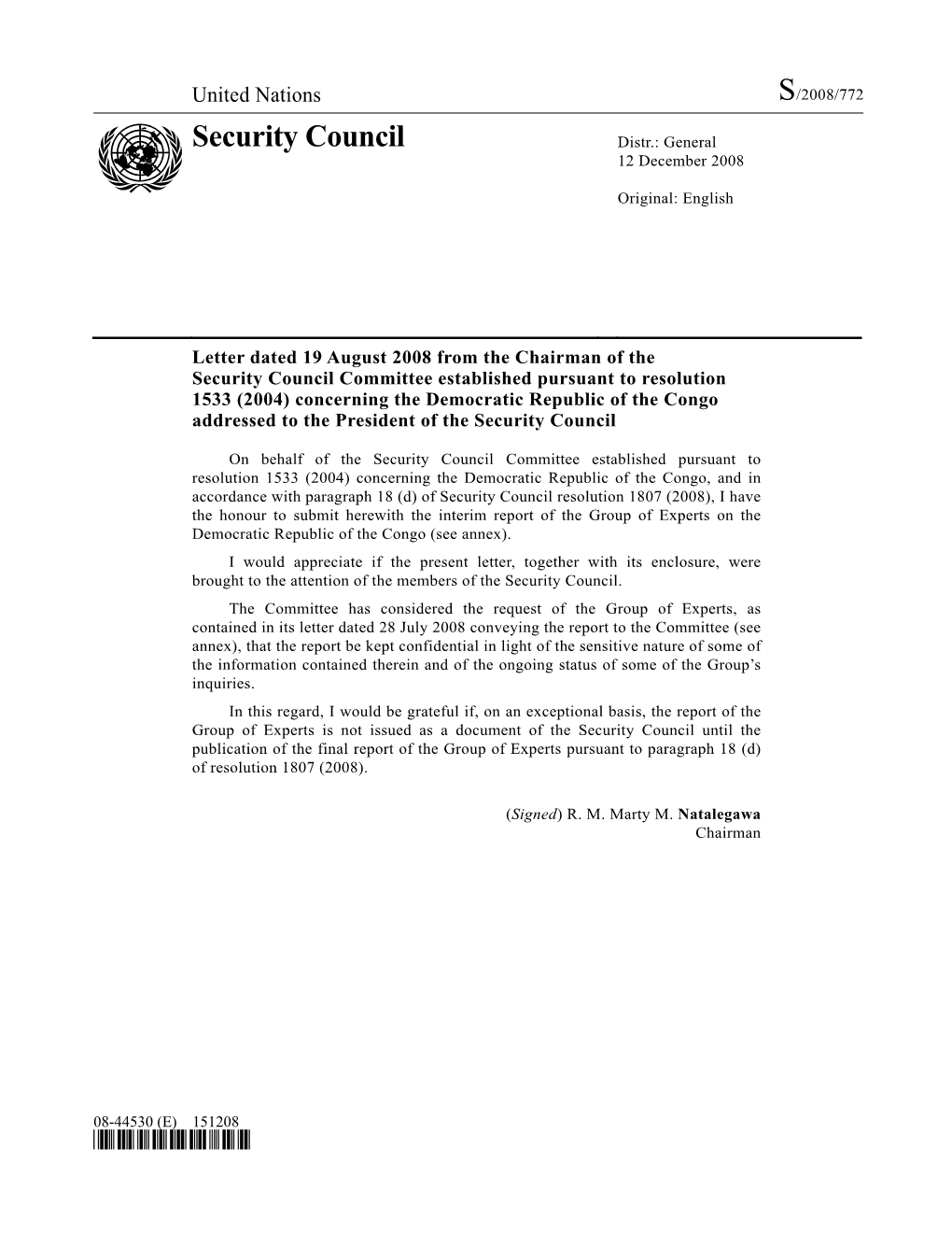 Security Council Distr.: General 12 December 2008