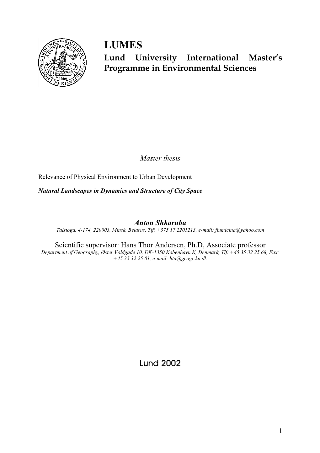 Lund University International Master's Programme in Environmental