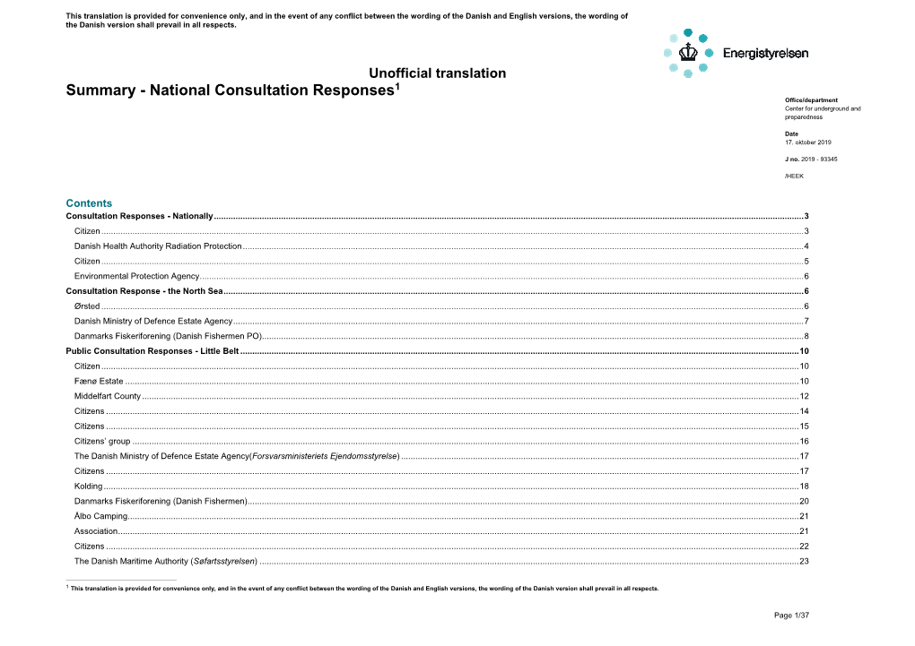 National Consultation Responses1 Office/Department Center for Underground and Preparedness