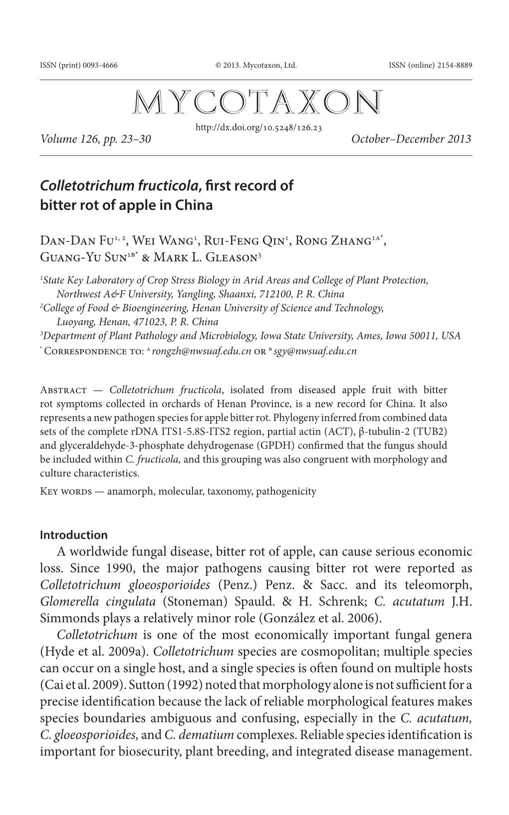 &lt;I&gt;Fructicola&lt;/I&gt;, First Record of Bitter Rot of Apple in China