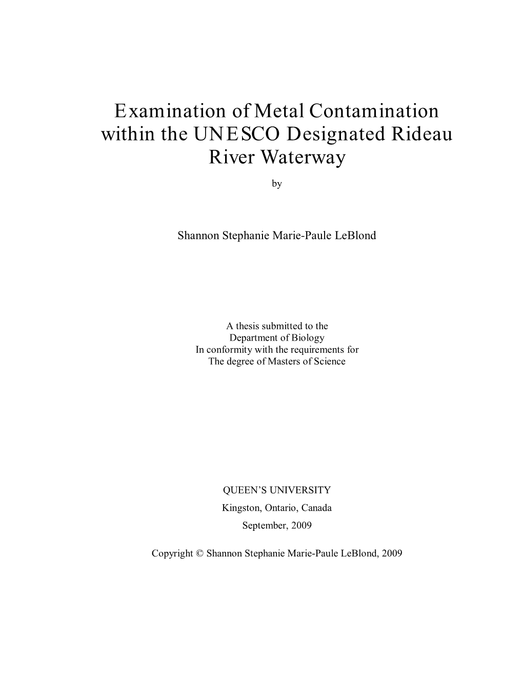 Examination of Metal Contamination Within the UNESCO Designated Rideau River Waterway By