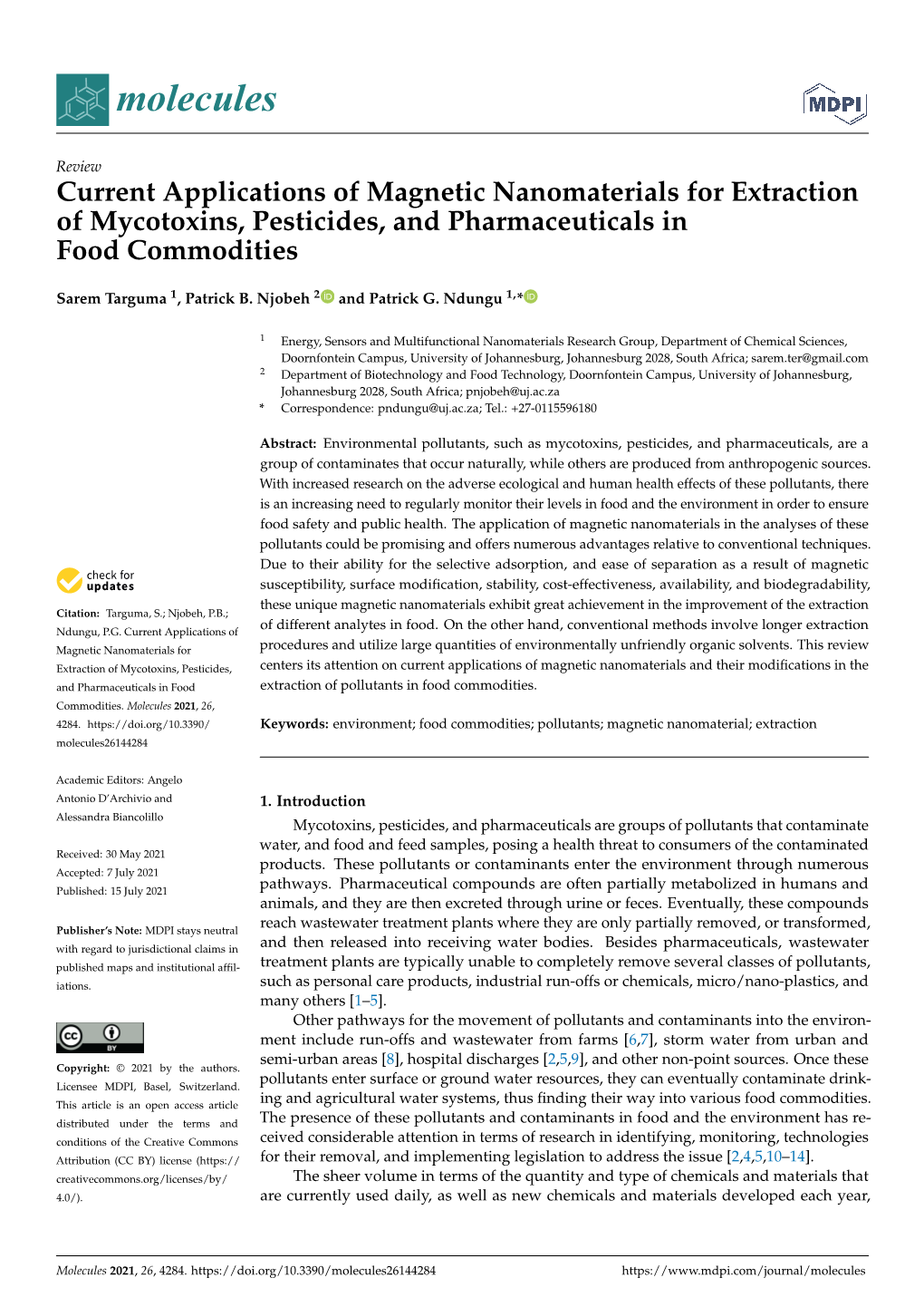 Current Applications of Magnetic Nanomaterials for Extraction of Mycotoxins, Pesticides, and Pharmaceuticals in Food Commodities