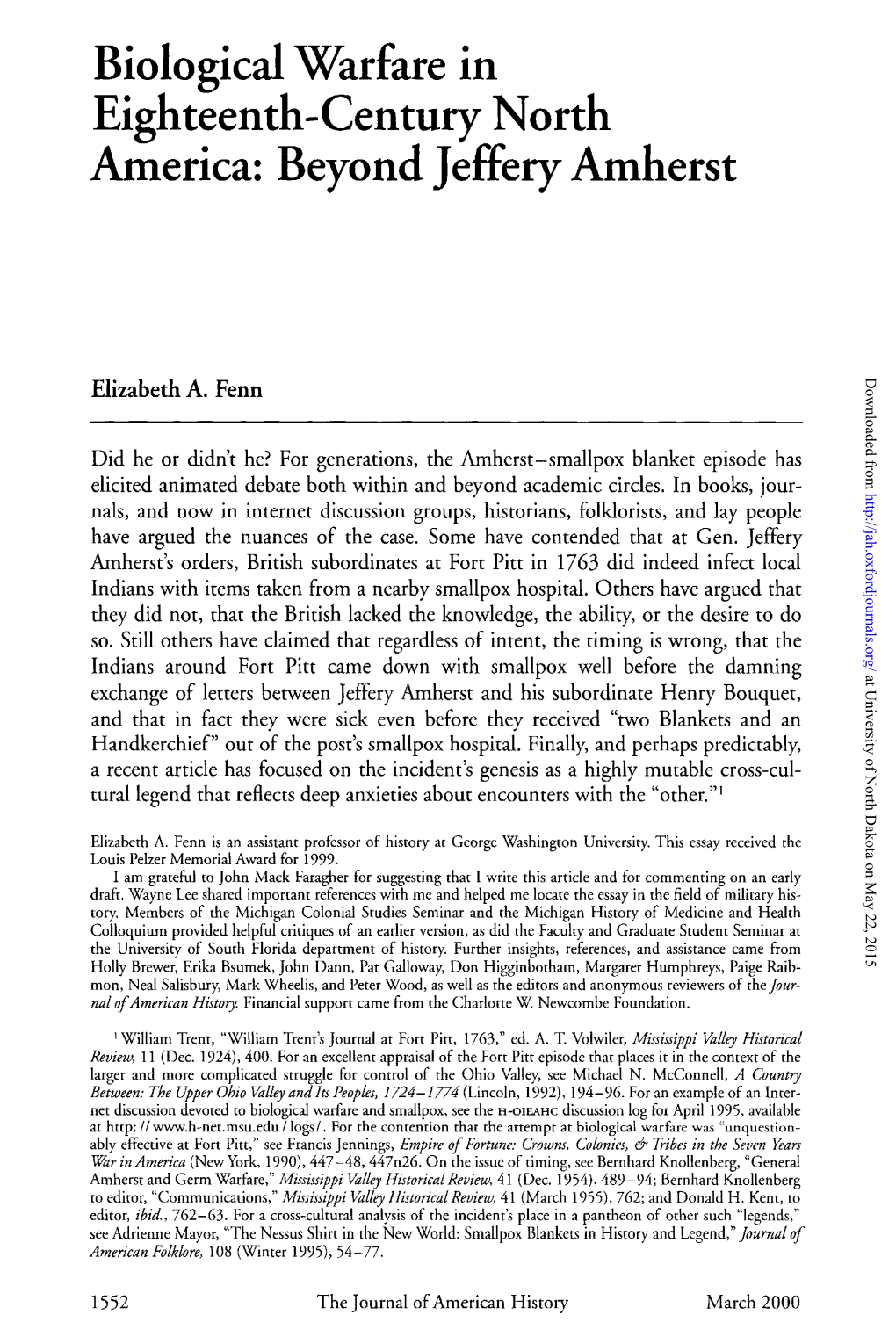 Biological Warfare in Eighteenth-Century North America: Beyond Jeffery Amherst